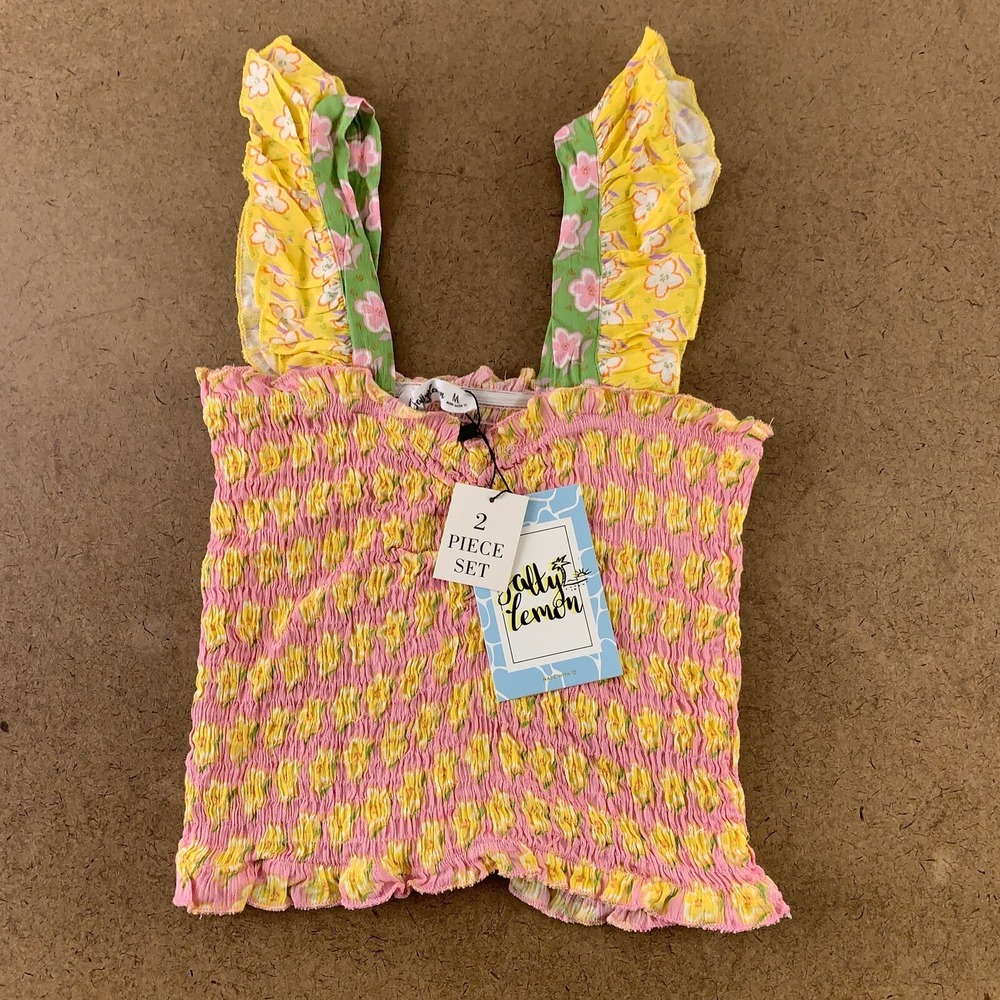 Salty Lemon Women's Medium Colorful Floral Smocked Ruffle Trim Cropped Top NWT